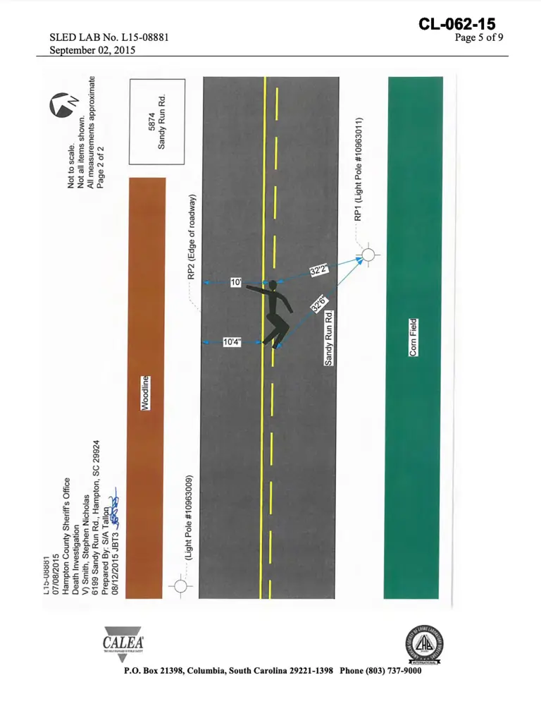 A Law Enforcement Diagram Of How Smith Was Found In The Middle Of The Road.