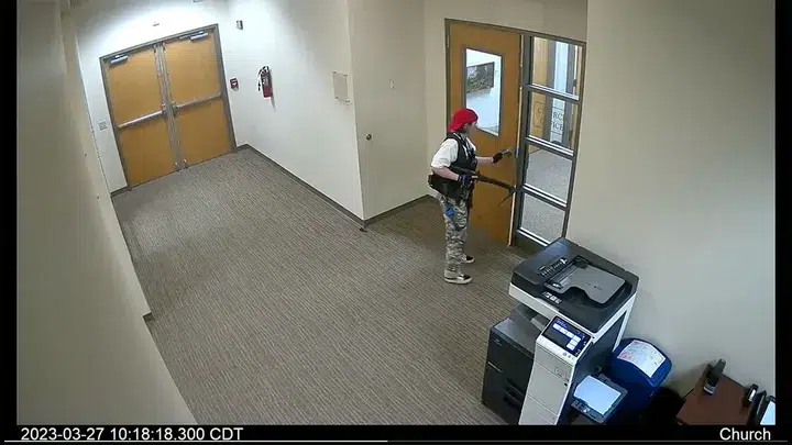 Covenant School shooter Audrey Hale opens the church office doors once inside the school building