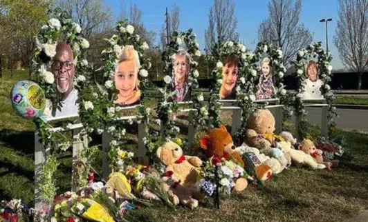 Memorials for the six victims who were killed in a mass shooting are placed outside The Covenant School in Nashville, Tennessee, on Thursday