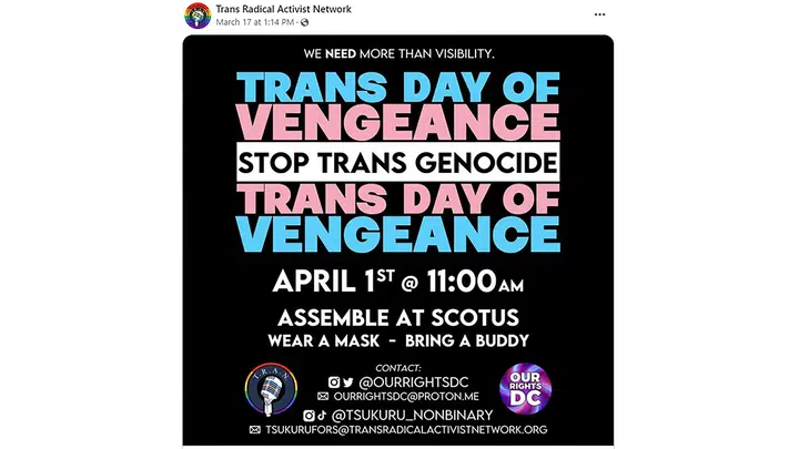 Poster advertising the Trans Day of Vengeance that was taken down by Twitter