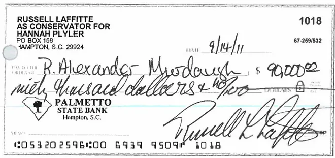 A Copy Of A Check Attached As An Exhibit In A Lawsuit Field This Week Against Russell Laffitte And Oalmetto State Bank