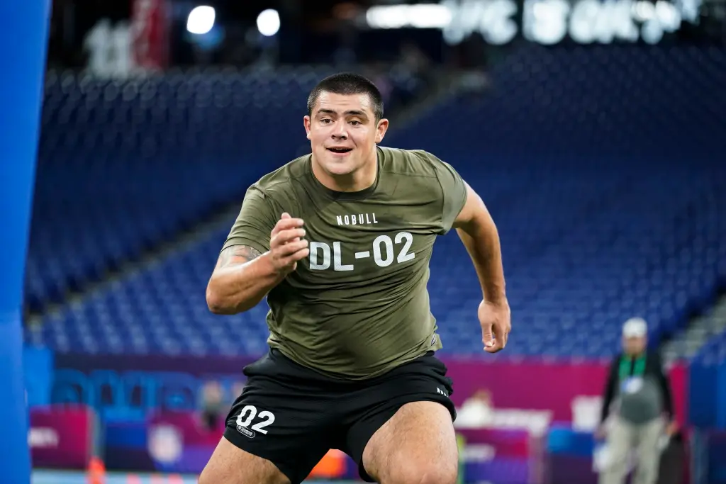 Clemson defensive lineman Bryan Bresee runs a drill at the NFL football scouting combine.