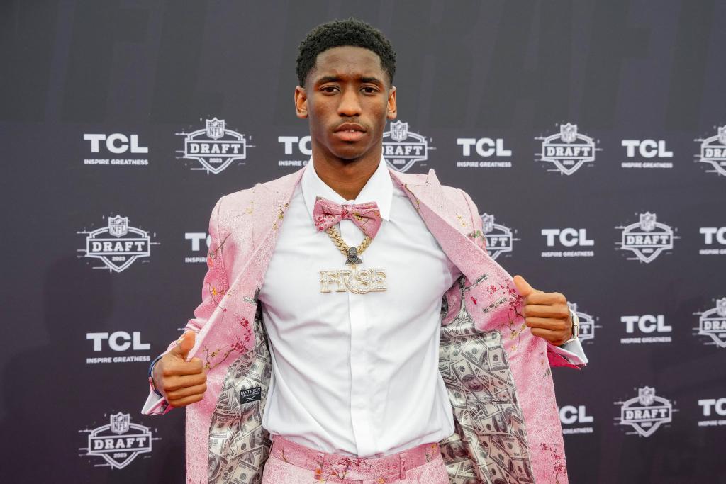 USC wide receiver Jordan Addison poses for a photo on the NFL Draft Red Carpet before the first round of the 2023 NFL Draft at Union Station.