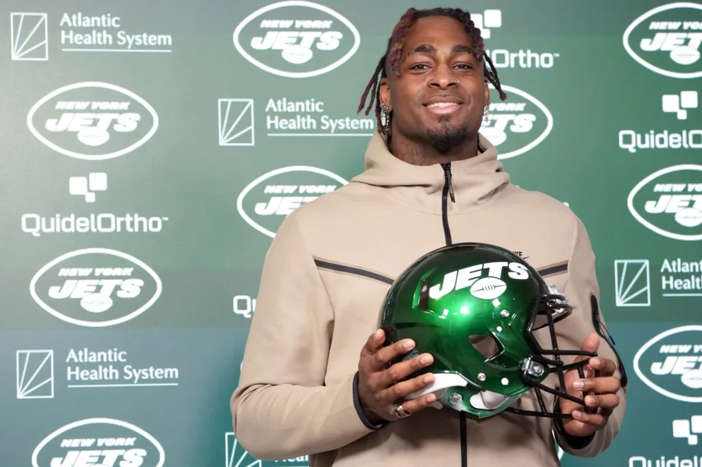 Will McDonald IV speaks to reporters during a news conference at the Jets’ training facility