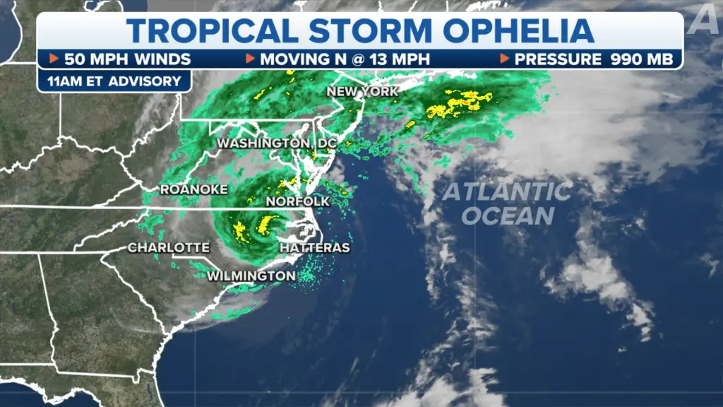 Tropical Storm Ophelia made landfall on Saturday morning in North Carolina and is expected to bring rain and winds to the East Coast through the weekend.