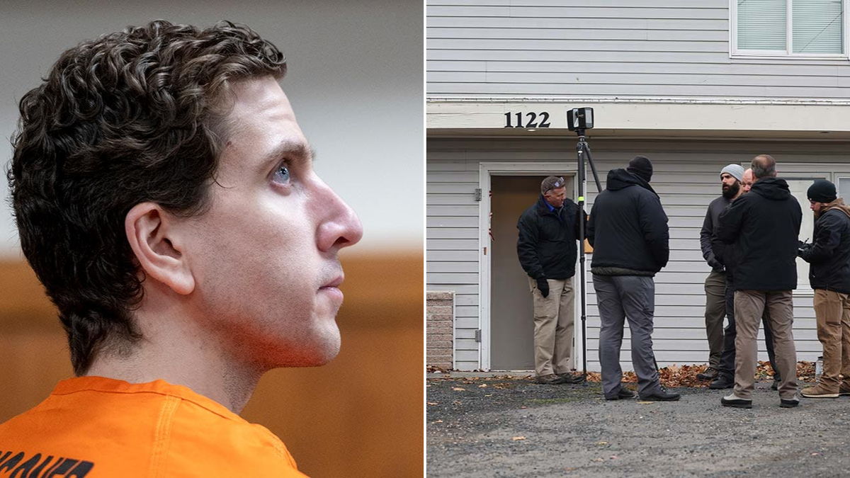 Bryan Kohberger seen at a hearing in an orange jumpsuit next to a picture of FBI investigators standing in front of the home where four students were killed