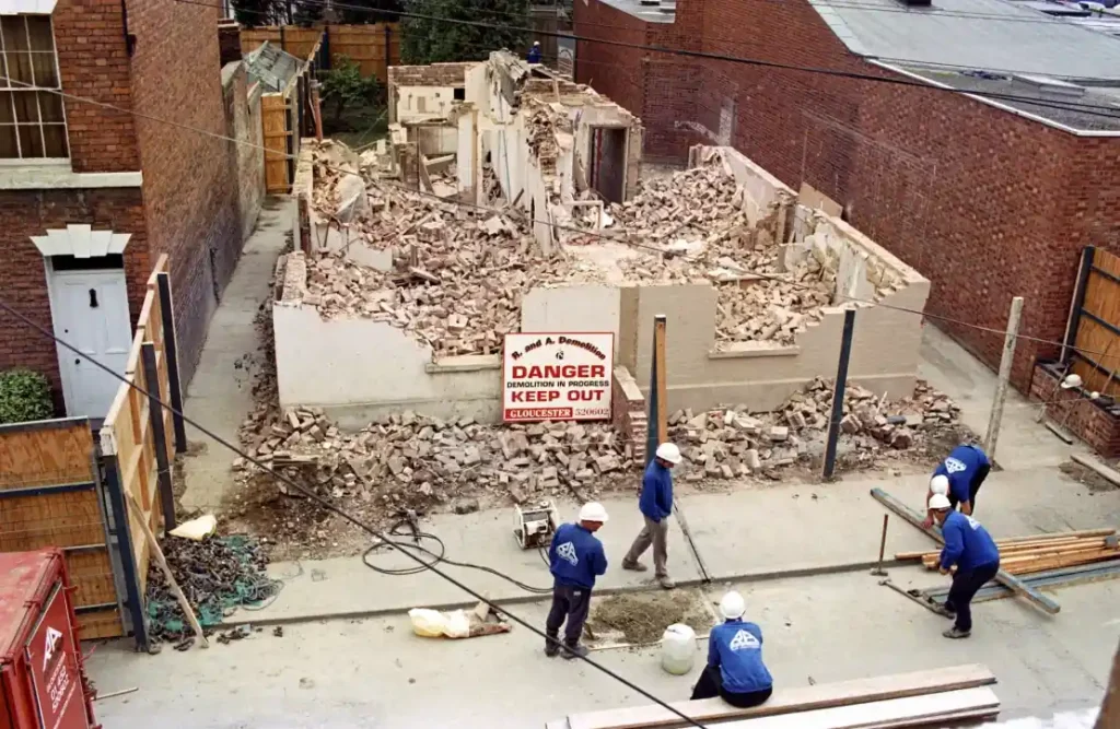 Fred and Rose West's home at 25 Cromwell Street in Gloucester, England, is seen mid-demolition.